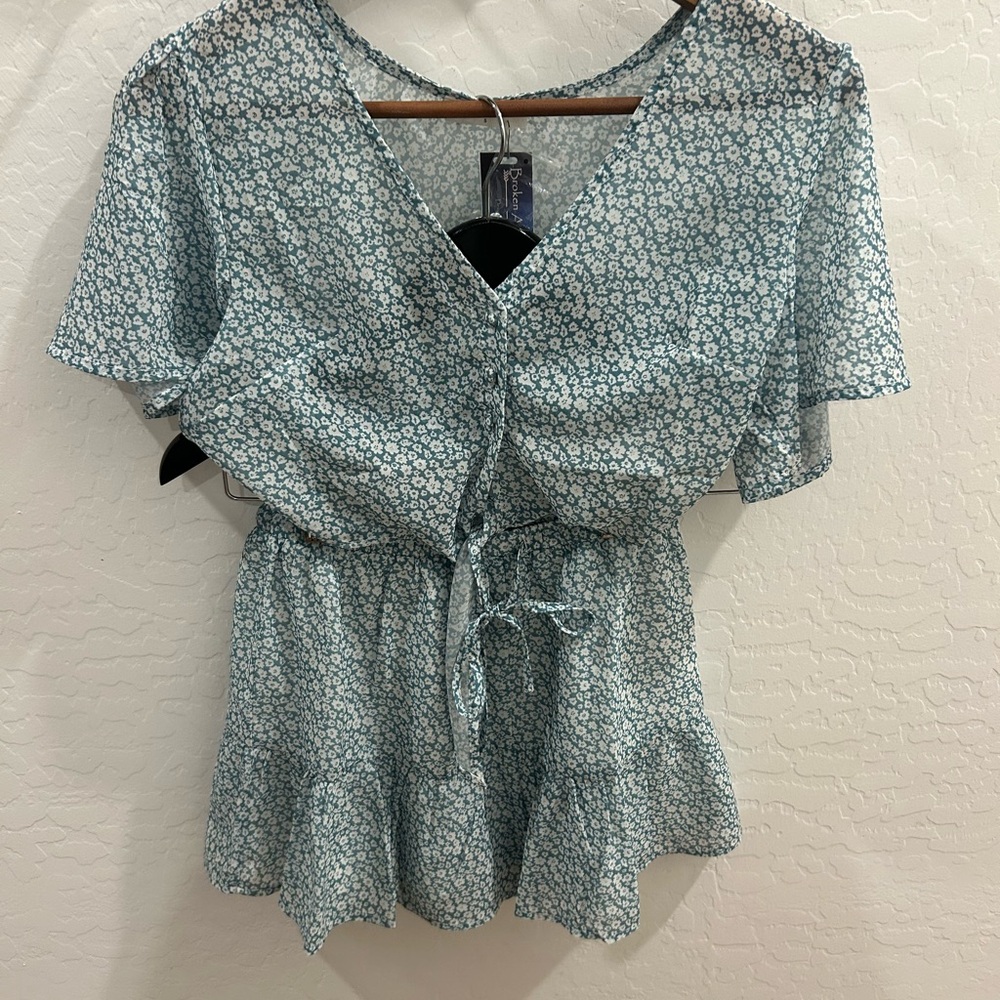 Teal Blue Floral Matching Set Blouse and Shorts